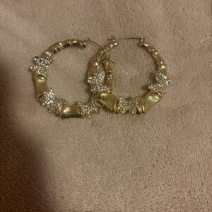 Gold Crystal Bamboo Hoop Earrings with Pavé Accents - Women Jewelry